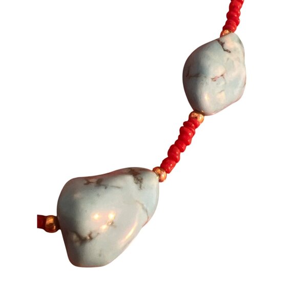 Turquoise Dyed Howlite Red Seed Bead Necklace Western Beach Vacation Estate 28" - Picture 2 of 4